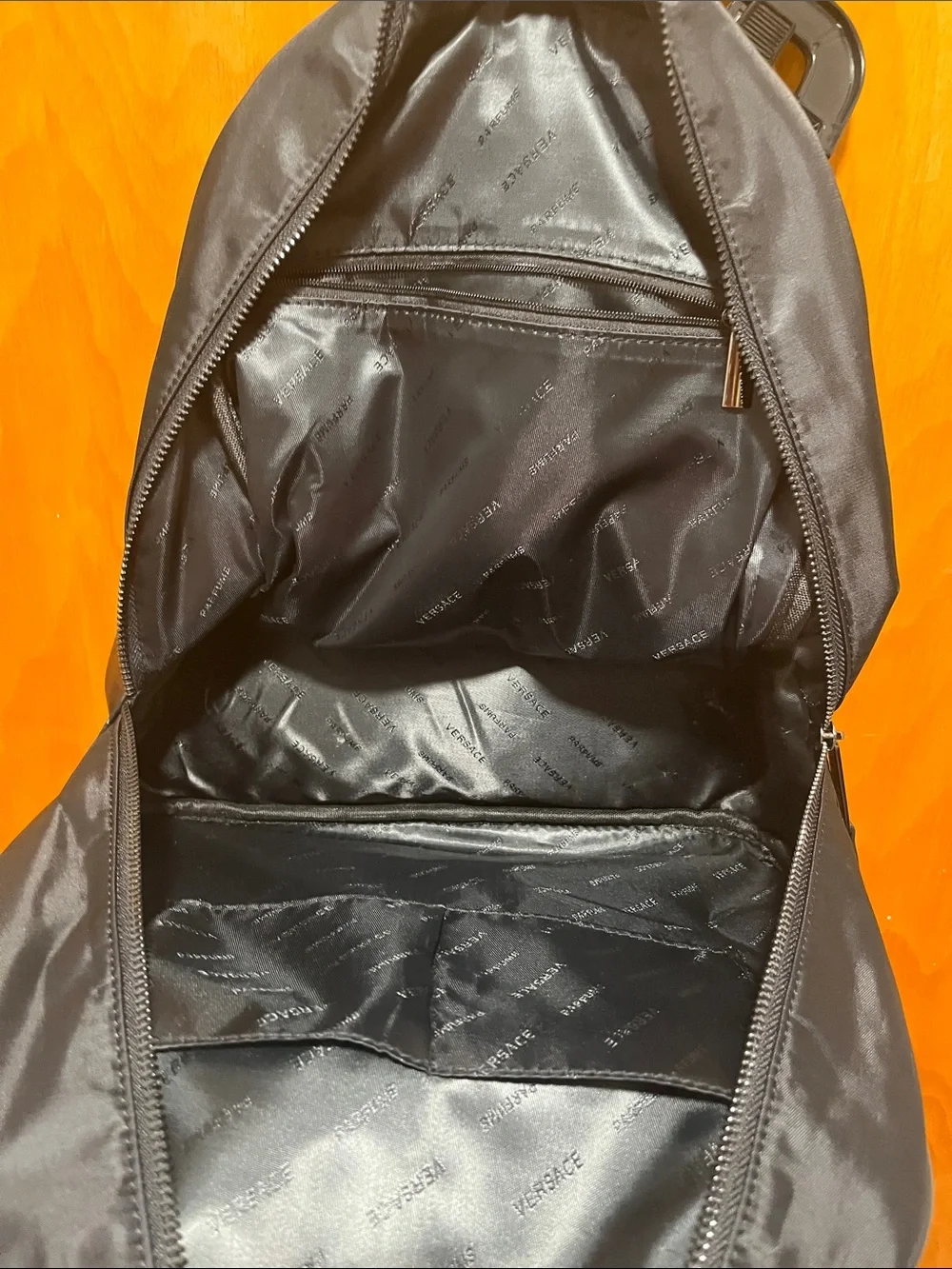Versace Parfumes Black Patent Front Nylon Backpack